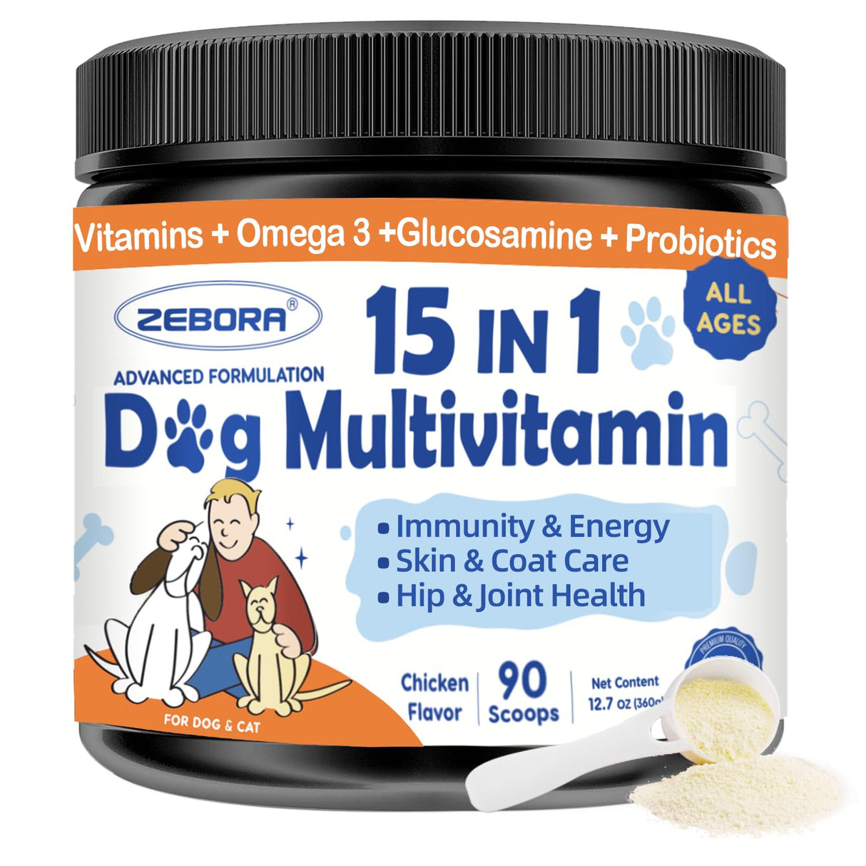 ZEBORA Dog Multivitamin Powder with Glucosamine, Dog Vitamins and Supplements for Immune Support, Skin and Coat Supplement with Omega 3 for Allergy Relief, Probiotics for Digestive & Gut Health