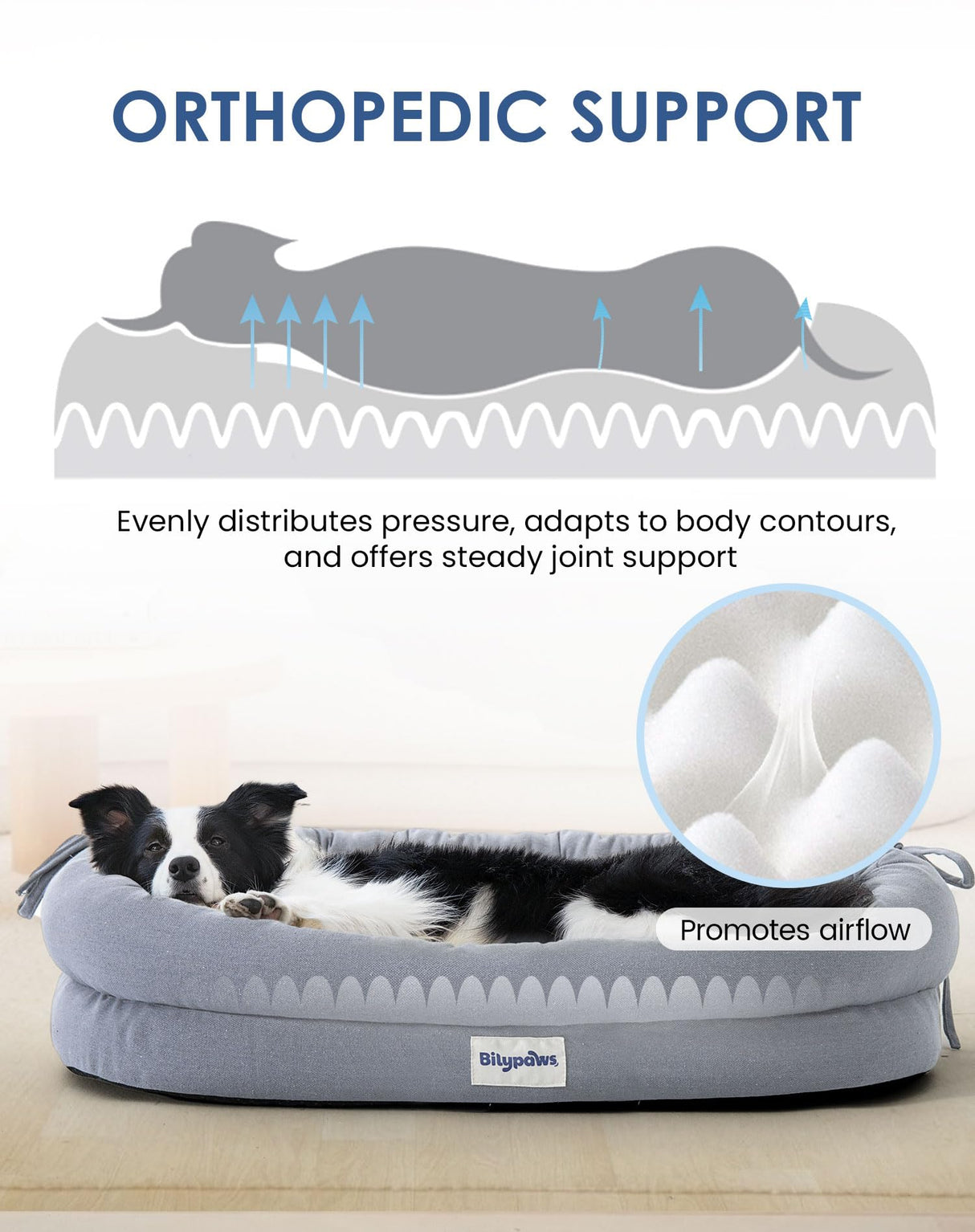 bilypaws Orthopedic Dog Bed for Large Dogs, Pet Sofa Bed with Egg Crate Foam, 4-Sided Bolster, Removable Washable Cover & Anti-Slip Bottom, Large Light Gray