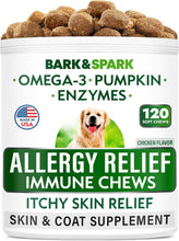 Load image into Gallery viewer, BARK&amp;SPARK Dog Allergy Relief Chews - Anti-Itch Skin &amp; Coat Supplement - Omega 3 Fish Oil - Itchy Skin Relief Treatment Pills - Itching&amp;Paw Licking - Dry Skin&amp;Hot Spots - (120 Immune Treats - Chicken)
