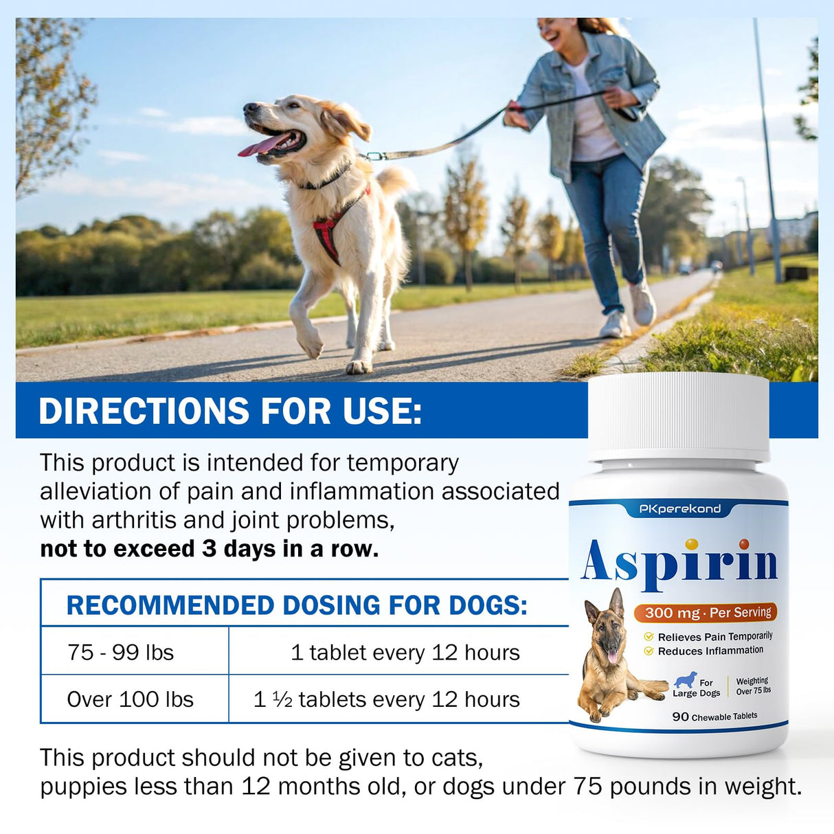 Dog Aspirin for Large Dogs, Low Gastrointestinal Irritation, Dog Joint Support and Inflammation Relief, 300mg, Arthritis Relief for Dogs, Pain Reliever Supplement, 90 Tablets