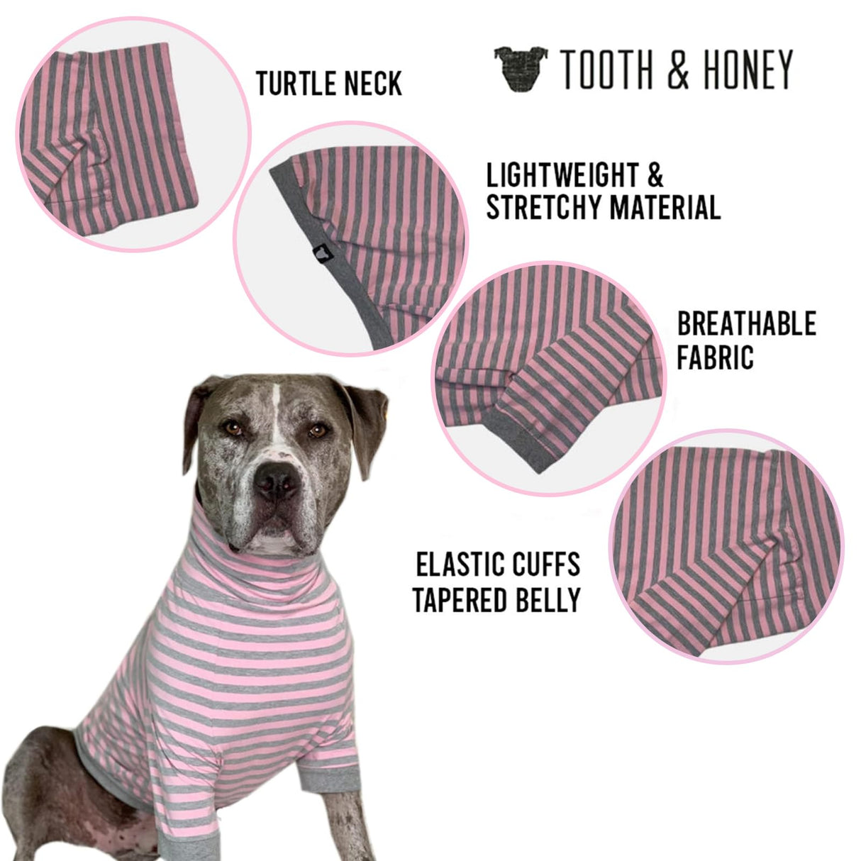 Tooth & Honey Big Dog Stripe Shirt – Pullover with Full Belly Coverage – Pink and Grey Pitbull Shirt for Extra Large Dogs