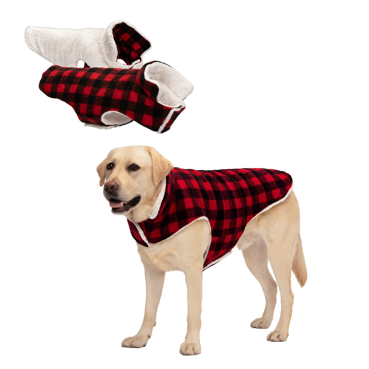 Furhaven Reversible XL Dog Coat, Washable & Insulating w/ Leash Access - Sherpa & Plaid Fleece Flex-Fit Jacket - Cream/Red, Extra Large