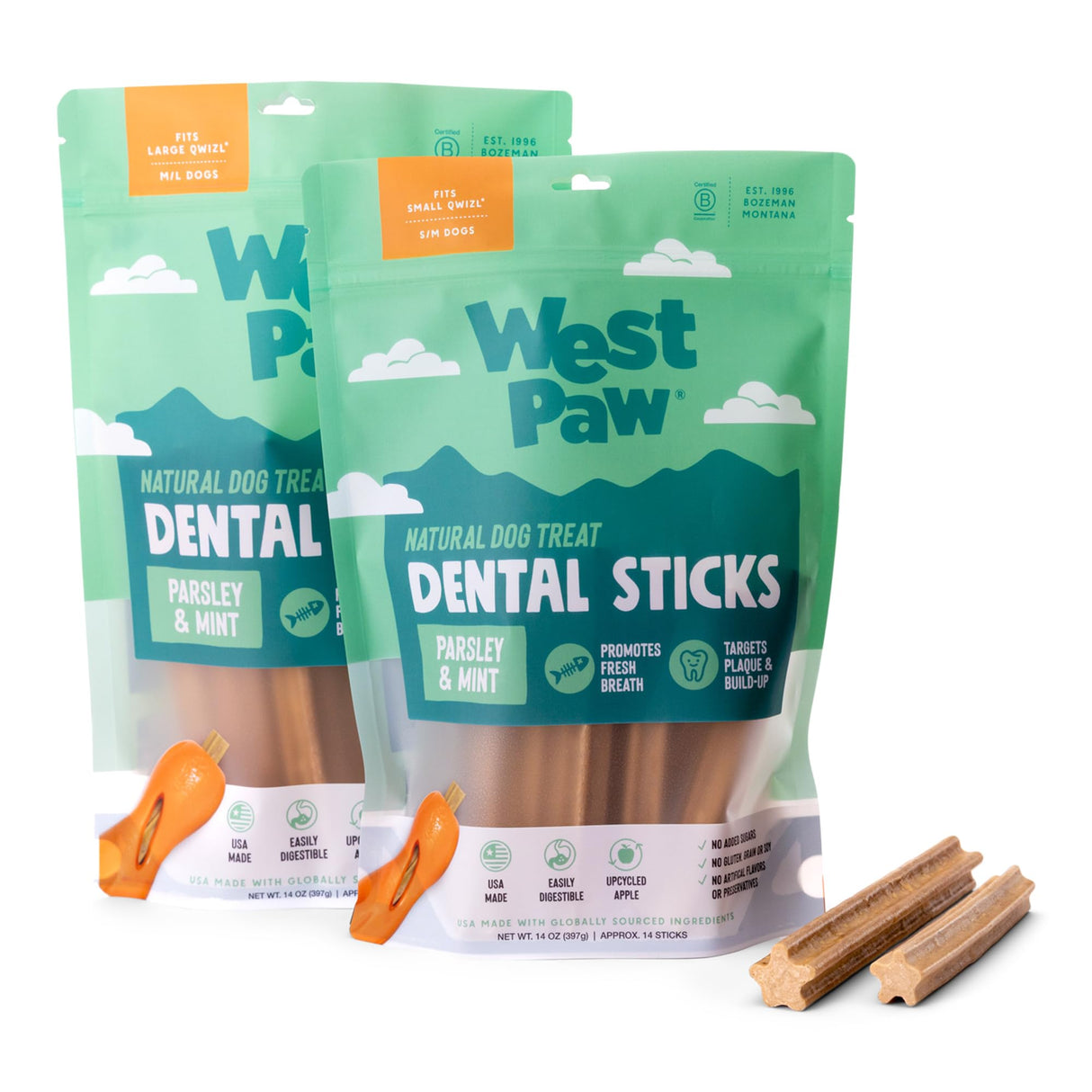 WEST PAW Dental Sticks Durable Dog Chew for Interactive Play, Clean Teeth and Fresh Breath - Safe Reliable and Long Lasting - 14 oz Bag for Small Dogs