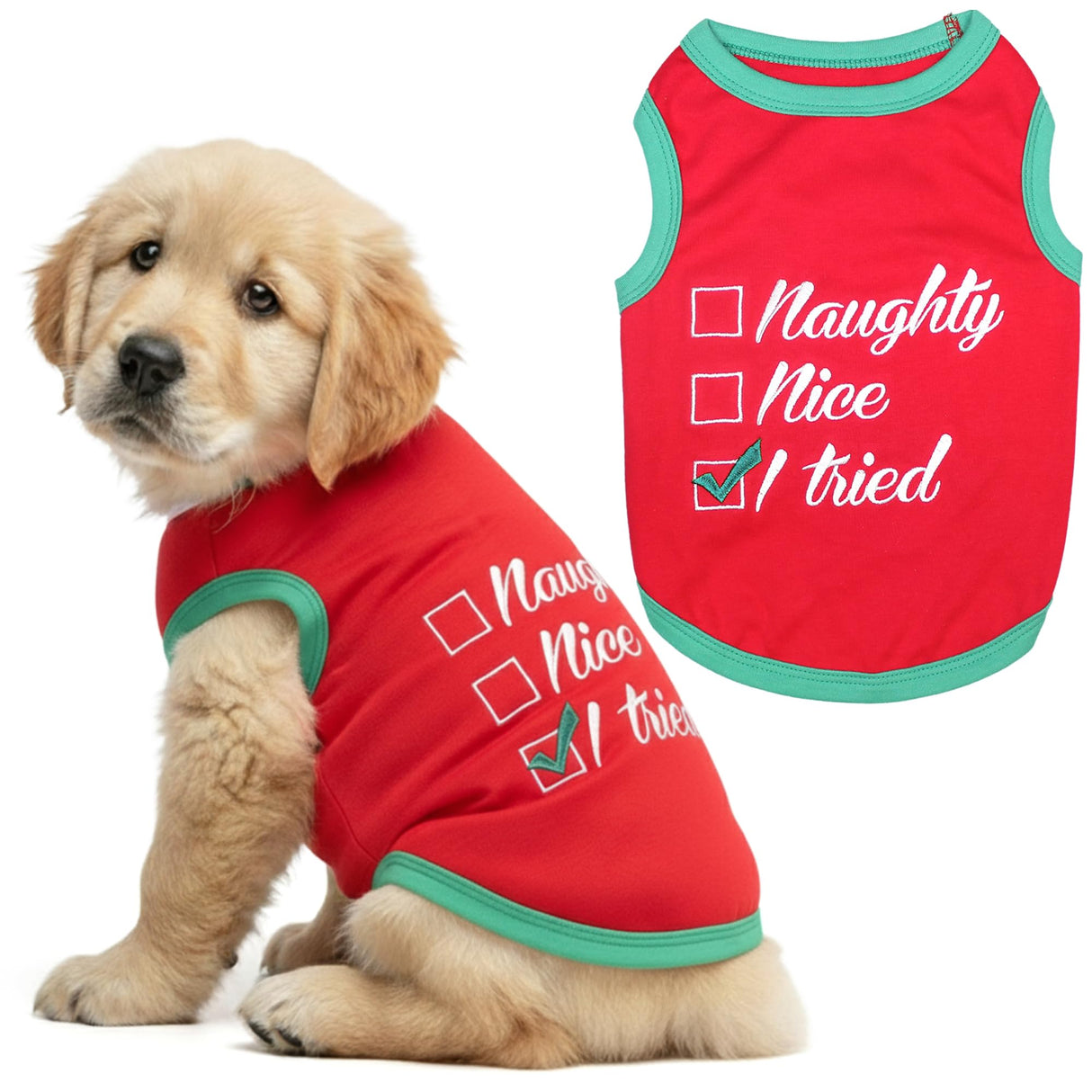 Parisian Pet Dog Christmas Tshirt - Embroidered “ Naughty Or Nice “ Dog Shirt - Lightweight Cotton Puppy Christmas Outfit - Sleeveless Funny Pet Clothes - Shirts for Small Dogs - XXS