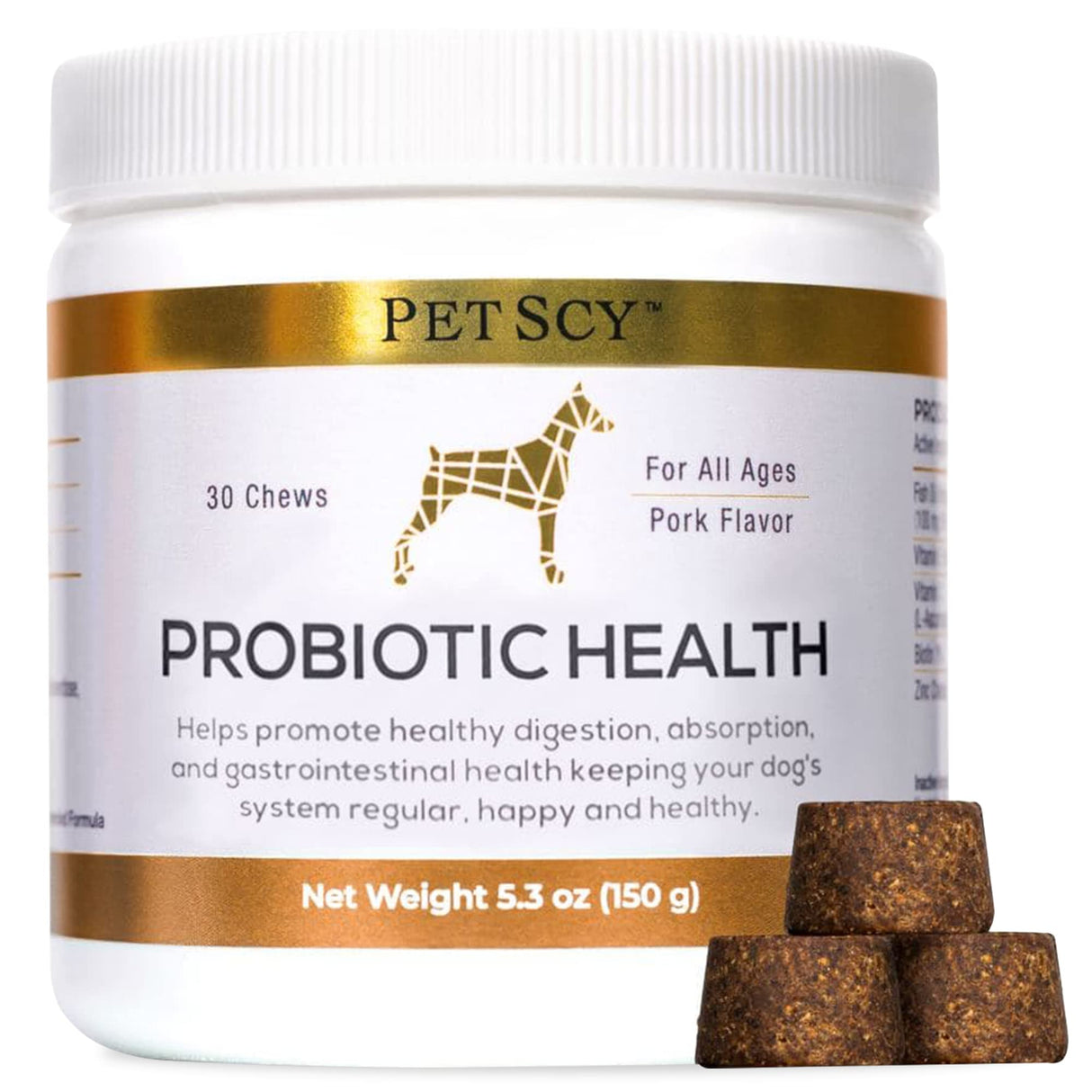PetScy - Probiotic Chews for Dogs, Probiotic for Dogs of All Ages, Sizes & Breeds with Prebiotic Fiber and Pure Omega-3 | Improves Skin, Coat, and Gut Health, 30 Chews