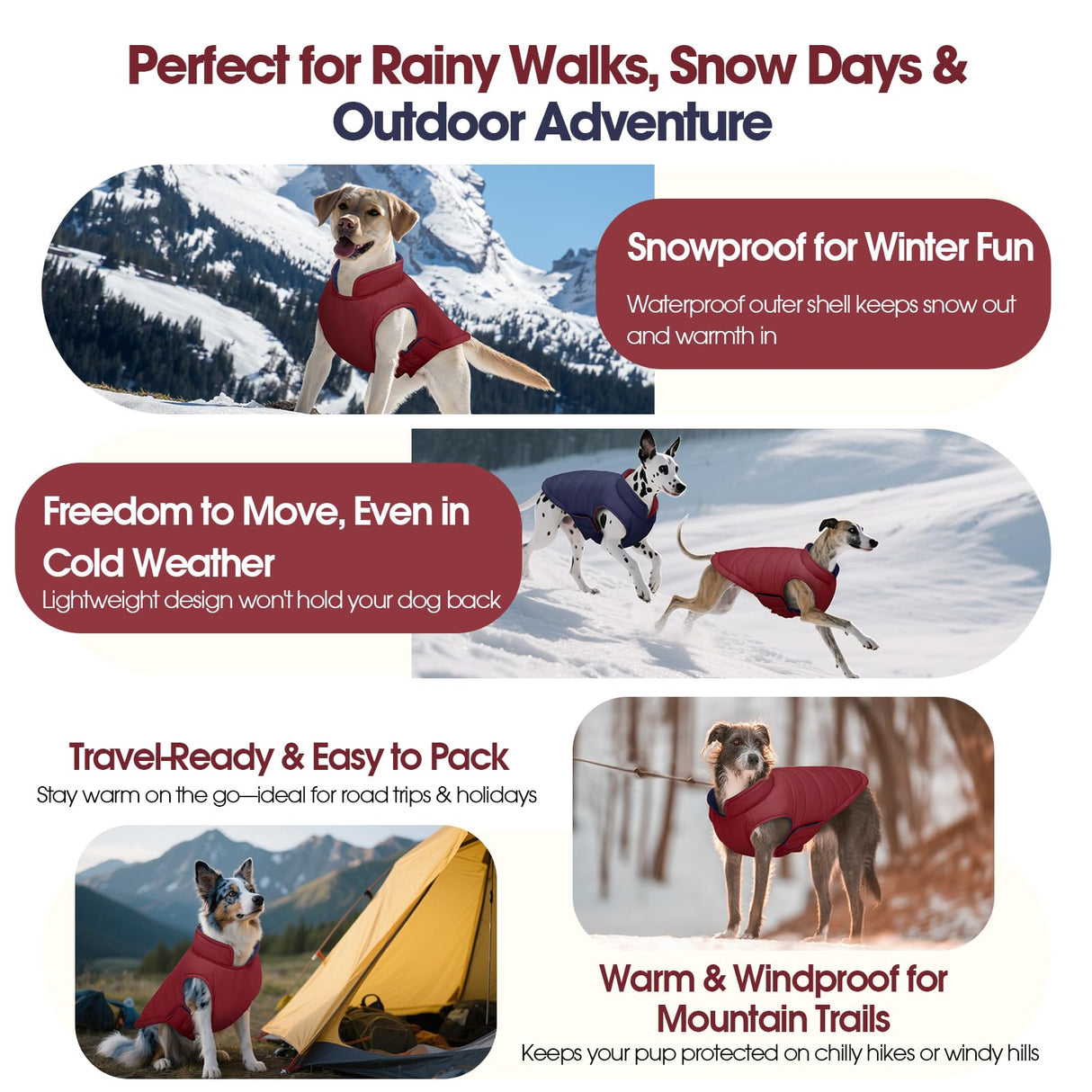QBLEEV Reversible Dog Coat for Large Dogs, Waterproof Windproof Winter Jacket Keeps Big Breeds Warm & Dry, Adjustable Hook & Loop Puffer Vest, Wine Red, 3XL – Fits Labrador, Weimaraner, Great Dane