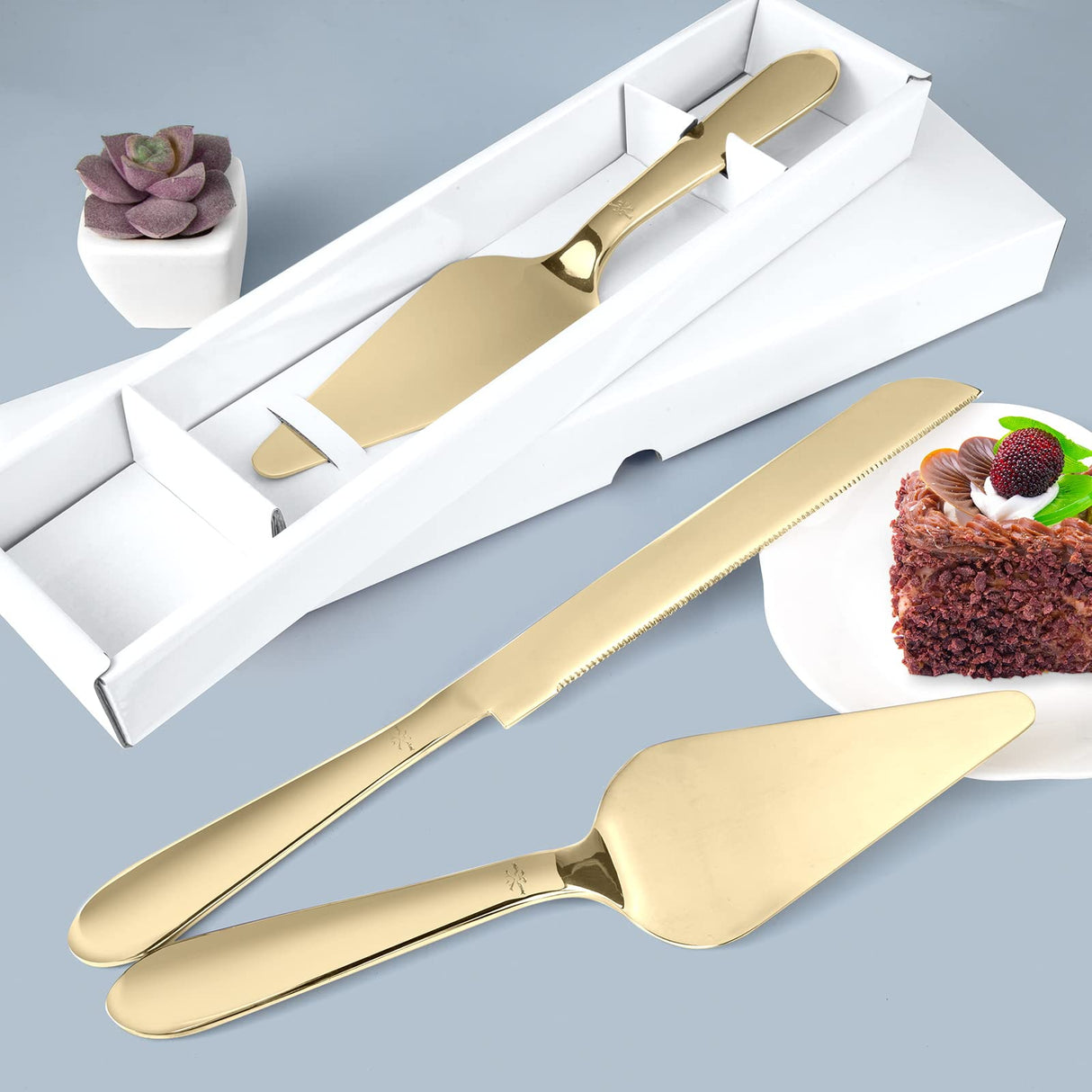 Cake Cutting Set for Wedding, Elegant Cake Knife and Server Set with Thickened Stainless Steel Rounded Edges, Cake Cutter Pie Spatula for Birthday Anniversary, 2 Pcs, Gold