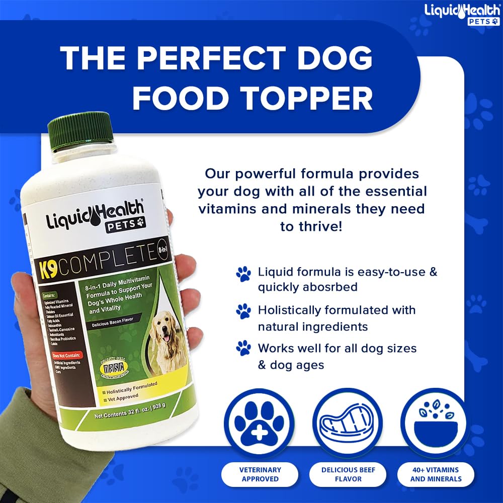 LIQUIDHEALTH Pets K9 Complete 8-in-1 Liquid Multivitamin for Adult Senior Dogs & Puppies, All in One Complete Formula Canine Vitamins for Skin & Coat, Joint Health, Immune Support - USA Made (32 oz)