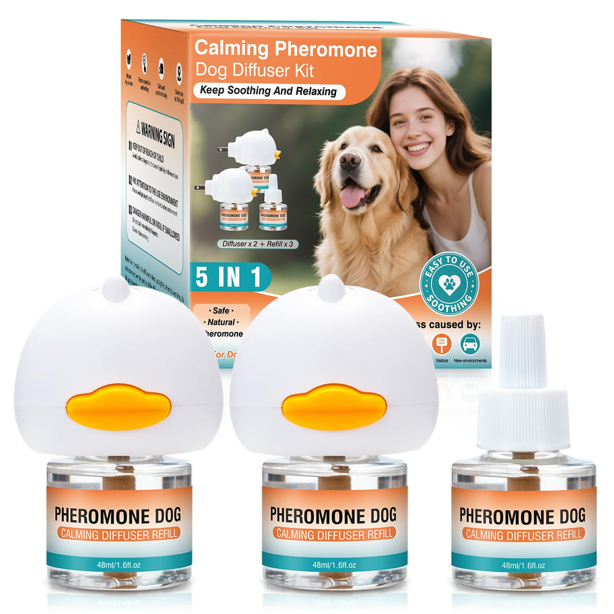 JTEWZX Calming Pheromones Dog Diffuser to Calm Pet Advanced 5 in 1 Kit Appeasing Pheromone Diffuser for Anxiety Relief (2 Plug in+3 Pack 48ml Refill) Reduce Aggression Fighting Barking Stress