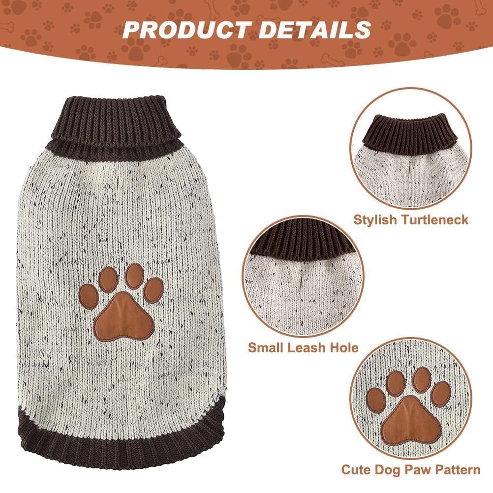 BINGPET Turtle Neck Dog Sweater - Brown Bone Pattern - Puppy Winter Warm Cloth for Small Medium Large Dogs