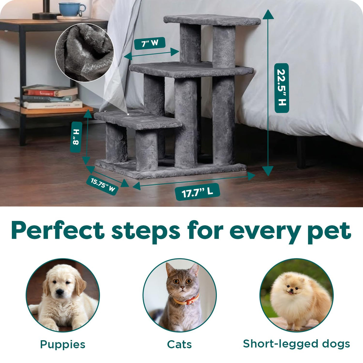 Furhaven Steady Paws Multi-Step Pet Stairs for High Beds & Sofas - Gray, 3-Step