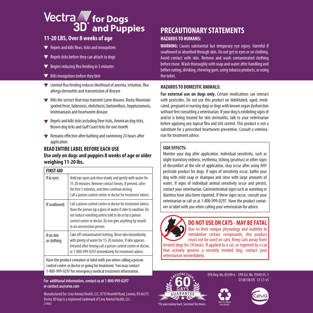 Vectra 3D for Dogs Flea, Tick & Mosquito Treatment & Prevention for Small Dogs (11 – 20 lbs) , 6 month supply