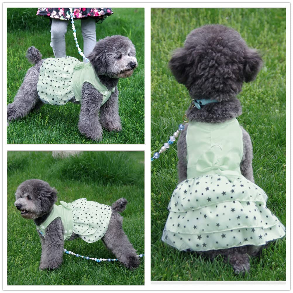 Hdwk&Hped 2-pck Small Dog Dress with Leash Ring, Pentagram Bow Multi-Layer Princess Dog Dress Puppy Cat Walking Dress Pink Green #4
