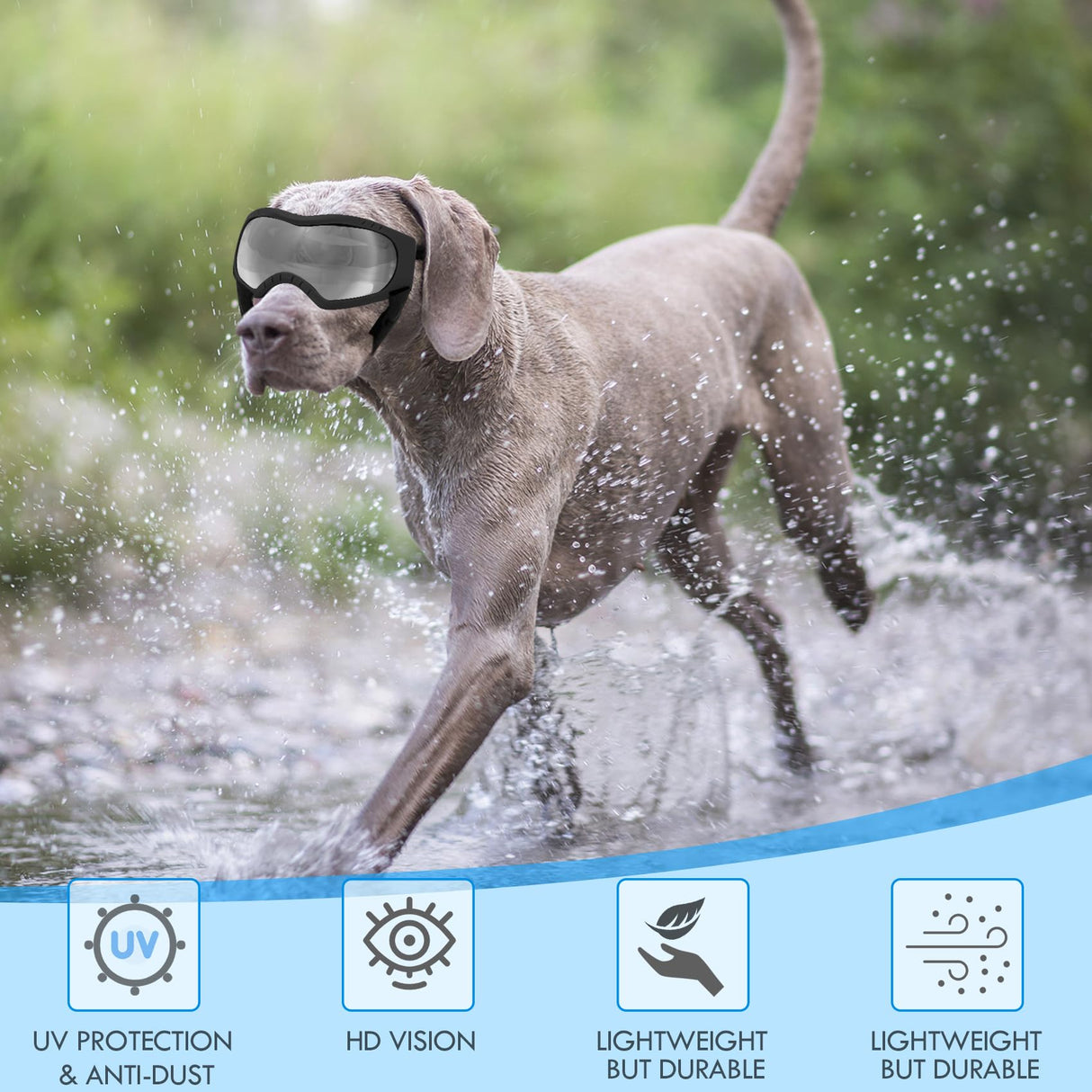 Dog Sunglasses Dog Goggles Pet Glasses Pet Eyewear with Adjustable Strap, Glasses for Medium Large Dog Swimming Skating Glasses UV Proof Windproof Dustproof (Black Frame + Gray Lens)