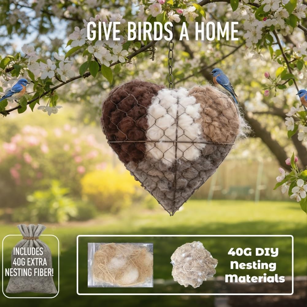 BomKra Handmade Alpaca Fiber Bird Nesting Heart, Refillable Birds Haven Heart Shape Hummingbird Nesting, Winter Tree Shelter for Wild Bird, Hummingbird House & Unique Garden Art Gift for Birds Lovers