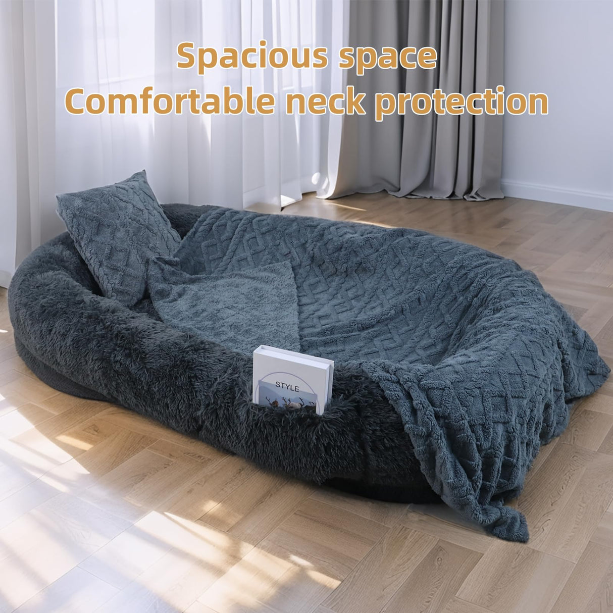 Human Dog Bed - 71''x45''x12'' Size Fits You and Pets, Washable Faux Fur Pet Bed for People Doze Off, Napping Orthopedic Dog Bed, Present Plump Pillow, Blanket, Strap - Dark Grey