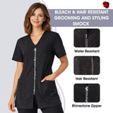 Ladybird Line 650 V Neck Adjustable Rhinestone Zipper Pet Grooming & Styling Jacket, Pleated Back Detail, 2 Front Pockets, Water Resistant, Bleach Hair Resistant Smock Pet Groomers Hair Stylists - XS