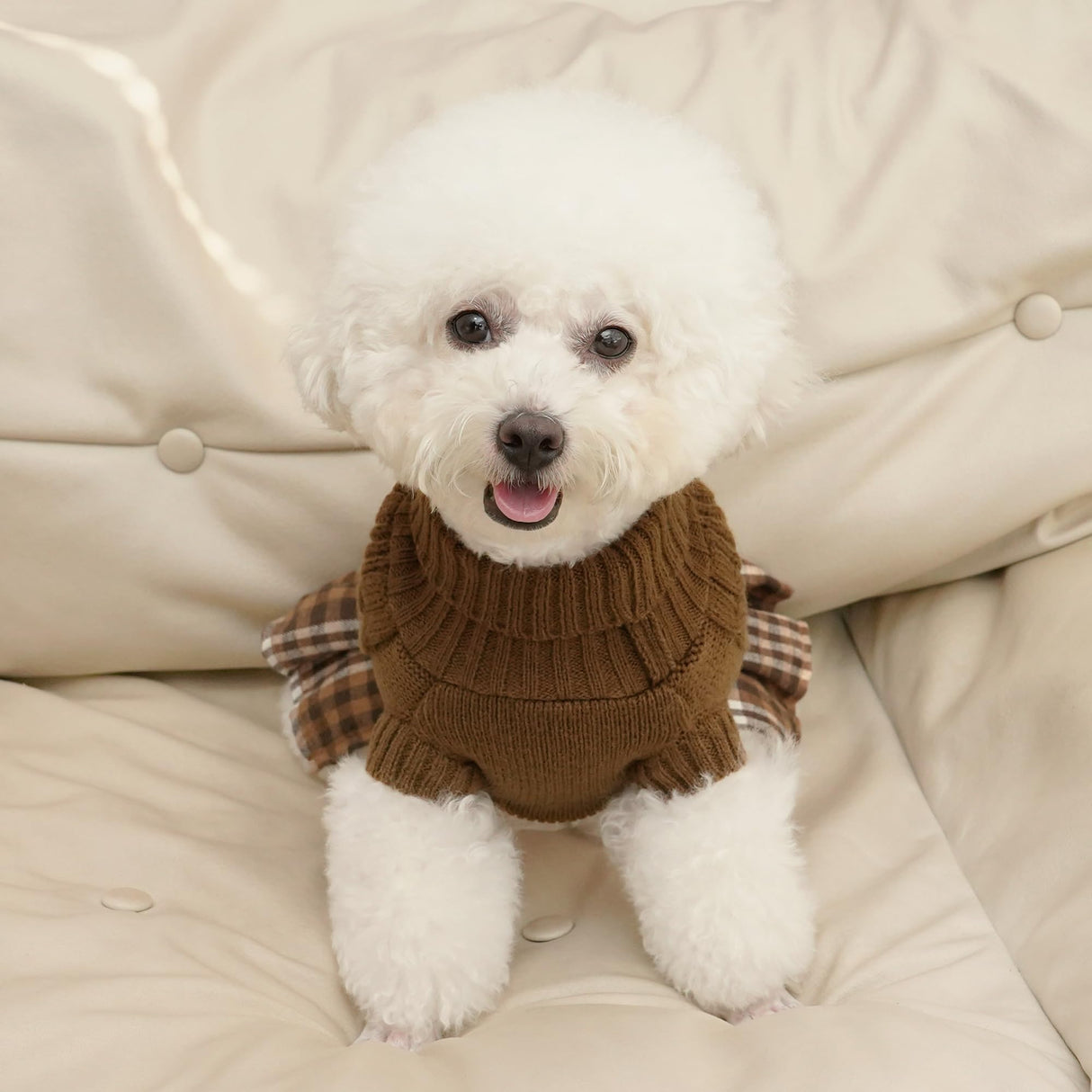 WOYYHO Girl Dog Sweater Dress with Bowtie Turtleneck Small Dogs Sweater with Leash Hole, Knitted Small Dog Sweaters Dress Puppy Winter Clothes for Yorkies Chihuahua (S, Brown)