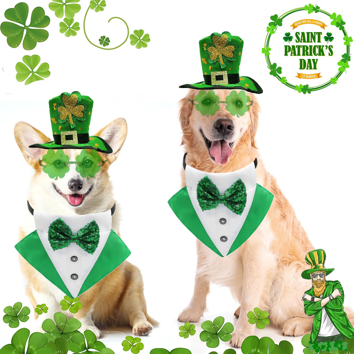 3PCS St. Patrick's Day Pet Costume Dog Top Hat Irish Tuxedo Bandana Green Collar Scarf Shamrock Sunglasses Kit Leprechaun Outfits for Medium Large Dogs Irish Party Lucky Dress Up Accessories