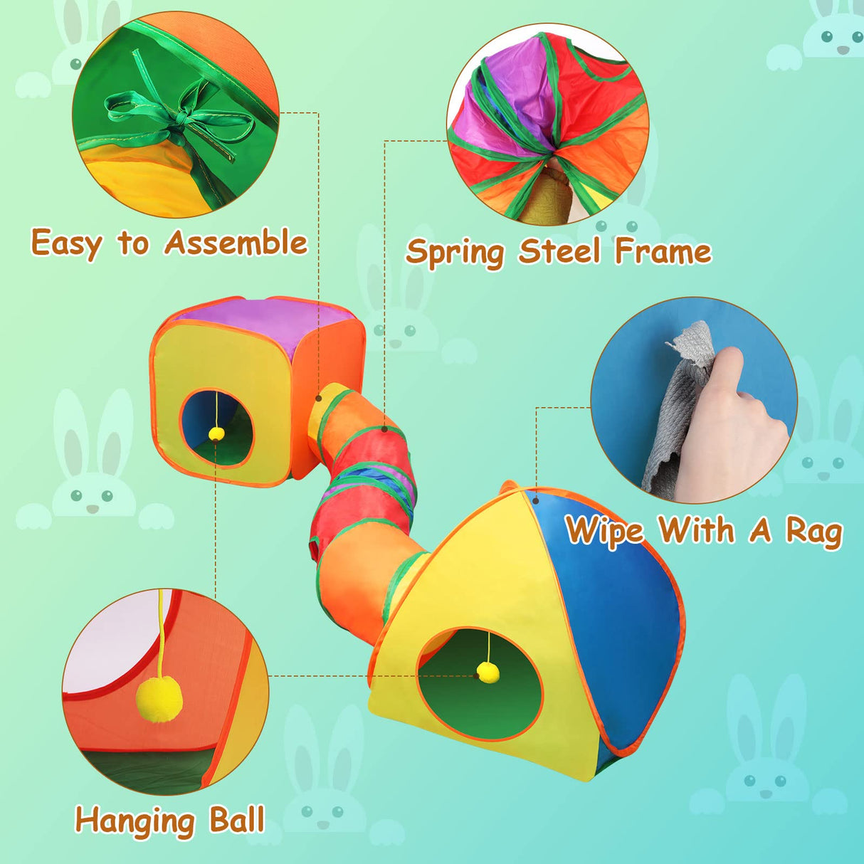 YUEPET Rabbit Tunnel and Cube Collapsible Tent Bunny Interactive Crinkle Tunnel Toys Small Animal Hideout with Play Ball for Dwarf Rabbit Bunny Guinea Pig (Rainbow)