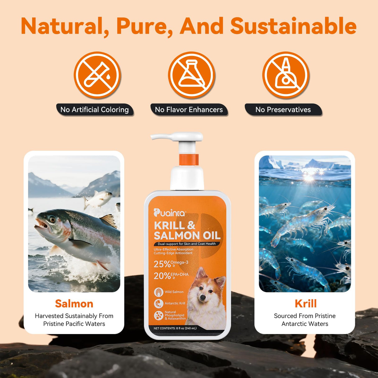 PUAINTA Krill and Salmon Oil for Dogs & Cats for Healthy Skin and Coat, 25% Max Omega 3 for Dog Fish Oil Supplement with EPA & DHA, Vitamin A, E for Dry Skin, Itchy & Allergy Skin Relief -8 oz, Liquid