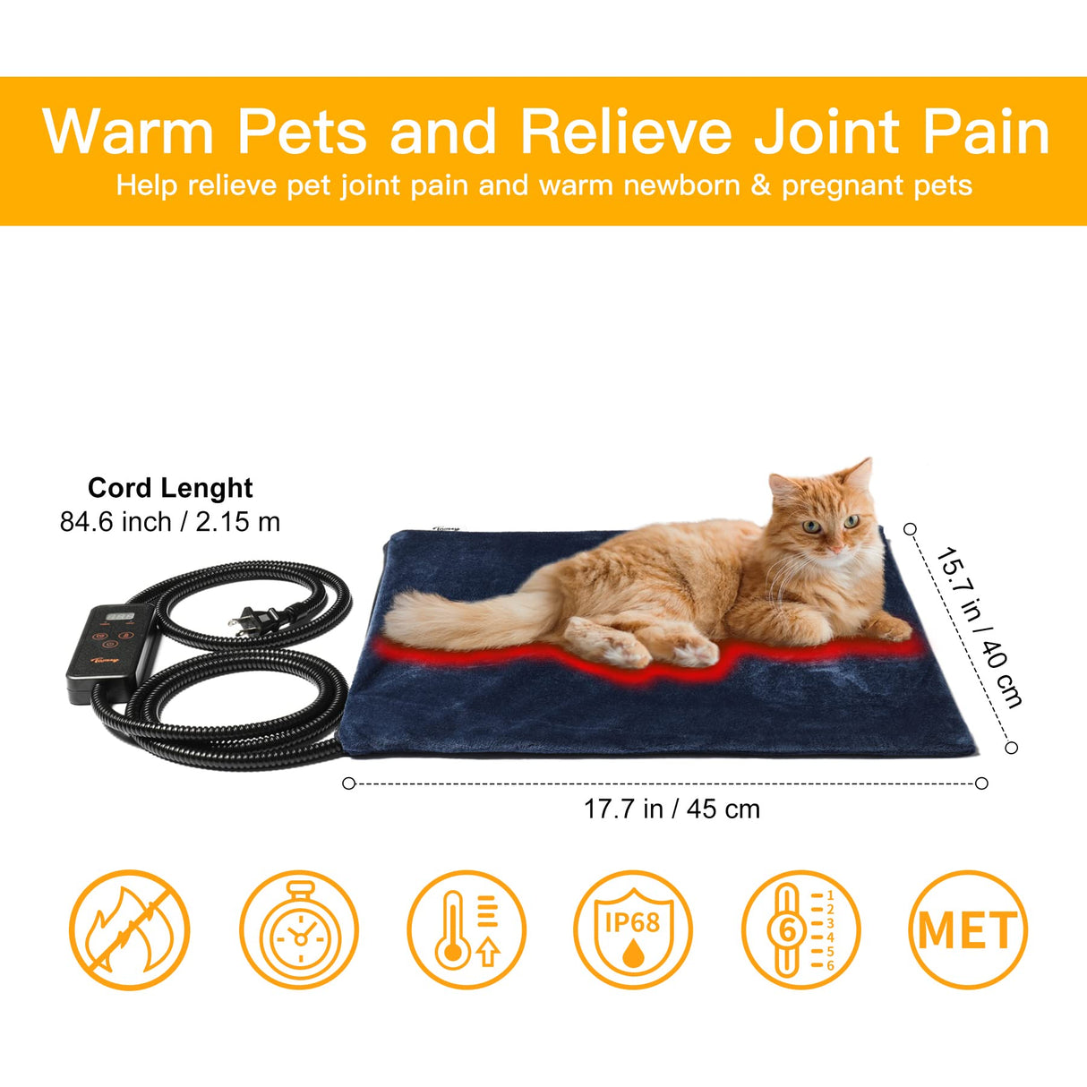 Toozey Pet Heating Pad, 6 Adjustable Temperature Heated Cat Bed with Timer, Waterproof Electric Heated Mat for Dogs and Cats, Chew Resistant Cord, Safe Indoor Use, 18x16in