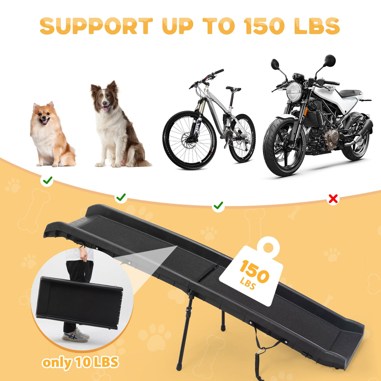 COZIWOW Folding Dog Ramps, 62”L Portable Pet Ramp for Large Dogs SUV,Cars,Lightweight Cat Ramp Non-Skid Surface Steps for High Bed,Stairs,Couch-Easy Storage(Black, 62" L)