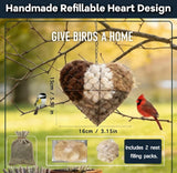 YINGBALHL Handmade Alpaca Fiber Bird Nesting Heart – Refillable Bird Haven with 2 Nesting Material Refill Bags – Eco-Friendly Hanging Nest for Hummingbirds & Wild Birds, Garden & Yard Décor (1Set)