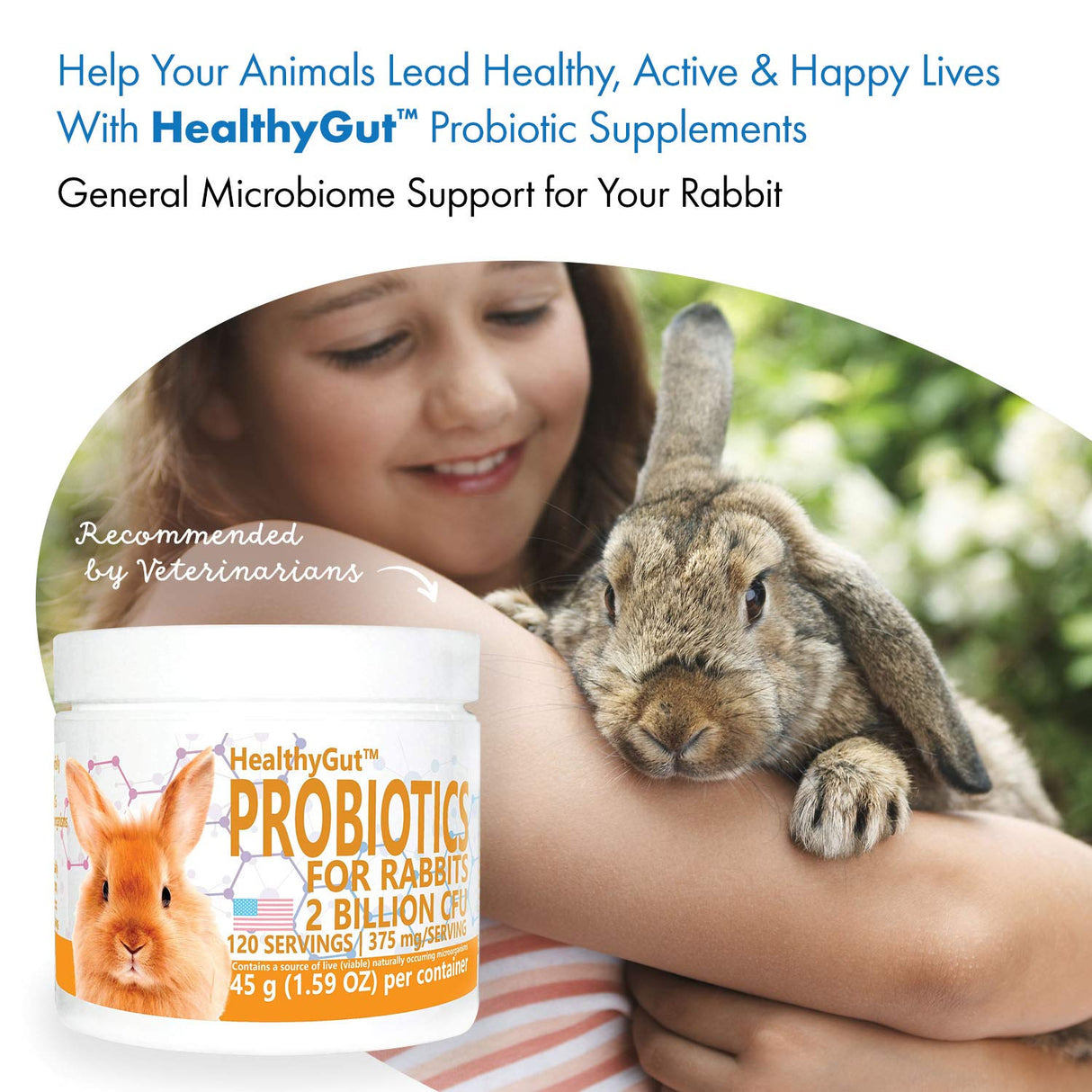 Equa Holistics HealthyGut Probiotics for Rabbits Dietary Supplement, All-Natural Digestive System Formula (120 Servings)