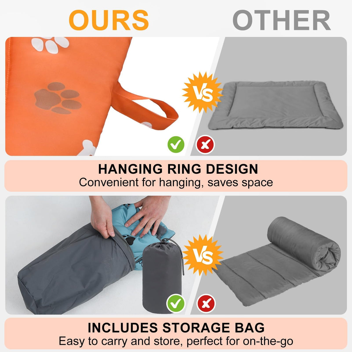 BEAUTYZOO Outdoor Dog Bed Waterproof, Camping Dog Bed Reversible, Portable Travel Bed with Carry Bag- Machine Washable, Durable, Foldable Outdoor Pet Bed Mat for Medium Large Dogs, 26" x 43" Orange