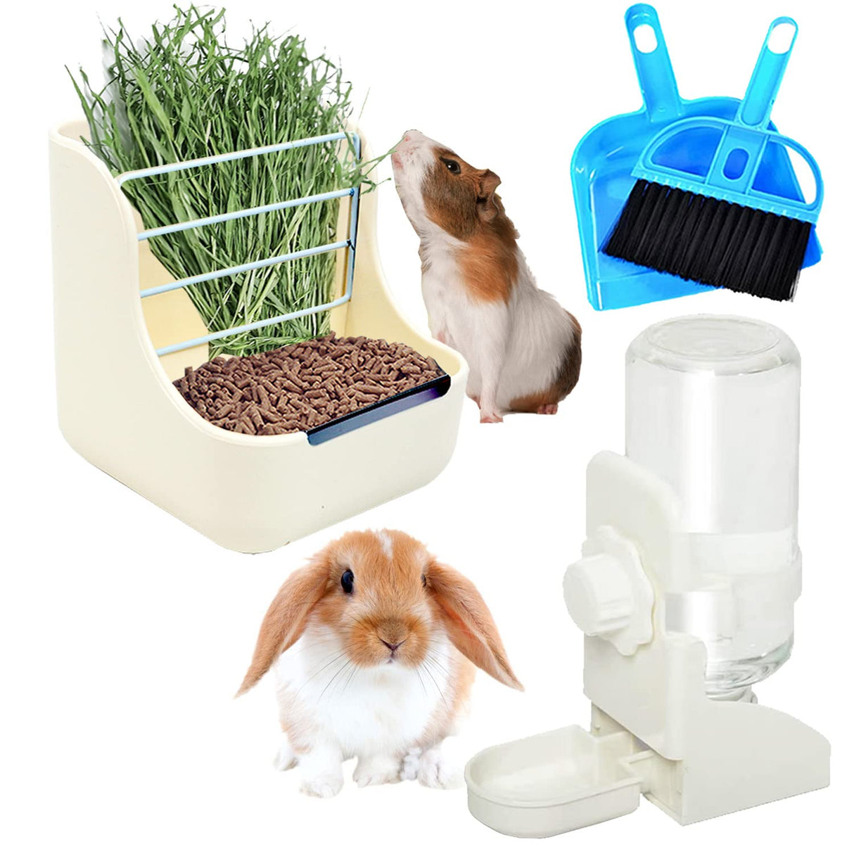 HERCOCCI Rabbit Hay Food Bin Feeder and Bunny Water Bottle Set, Hay Food Feeder Bowls Manger Rack with 500ml Hanging Water Dispenser Prevent Knock Over for Rabbit Guinea Pig Chinchilla (Large, White)