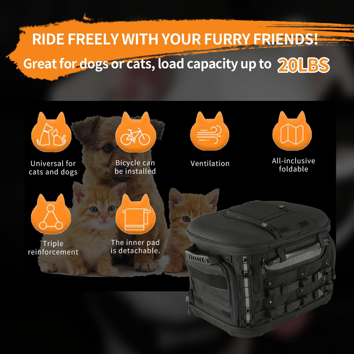 UALLIN Motorcycle Dog Cat Carrier, Portable Pet Carrier Weather-Proof Pet Crate Travel Luggage Bags for Harley Road Street Glide CVO Road King Touring Trike Can Am w/Luggage Rack 20lb Pet (Black)