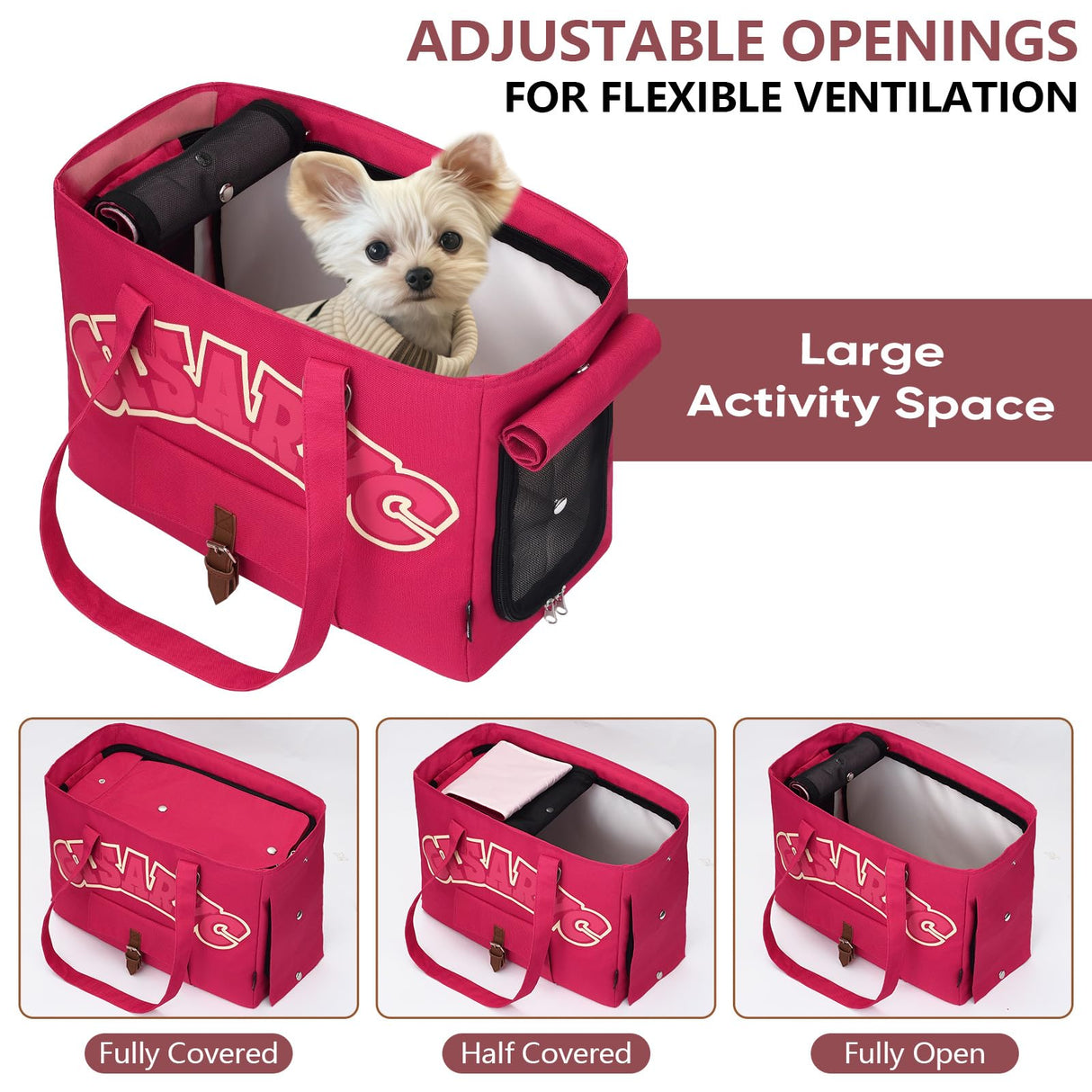 Dog Purse Carrier for Small Dogs, Cats and Puppies – Soft-Sided Foldable Pet Travel Bag with Multi Pockets, 3-Sided Mesh & Rollable Cover for Nervous Cats, Fits Pets up to 15 lbs (Berry Red)