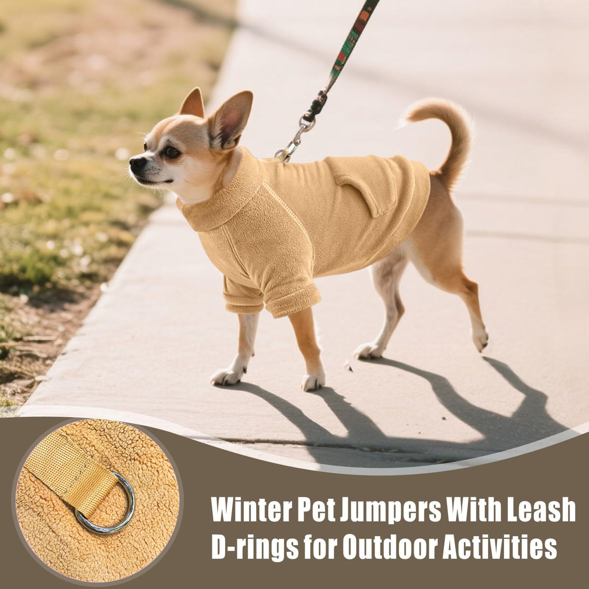 Idepet Fleece Dog Sweater 2 Pack, Winter Pet Clothes Turtleneck Sweatshirt with Leash Ring, Stretchy Small Dog & Cat Coat with Pocket (Khaki+Brown, XL)