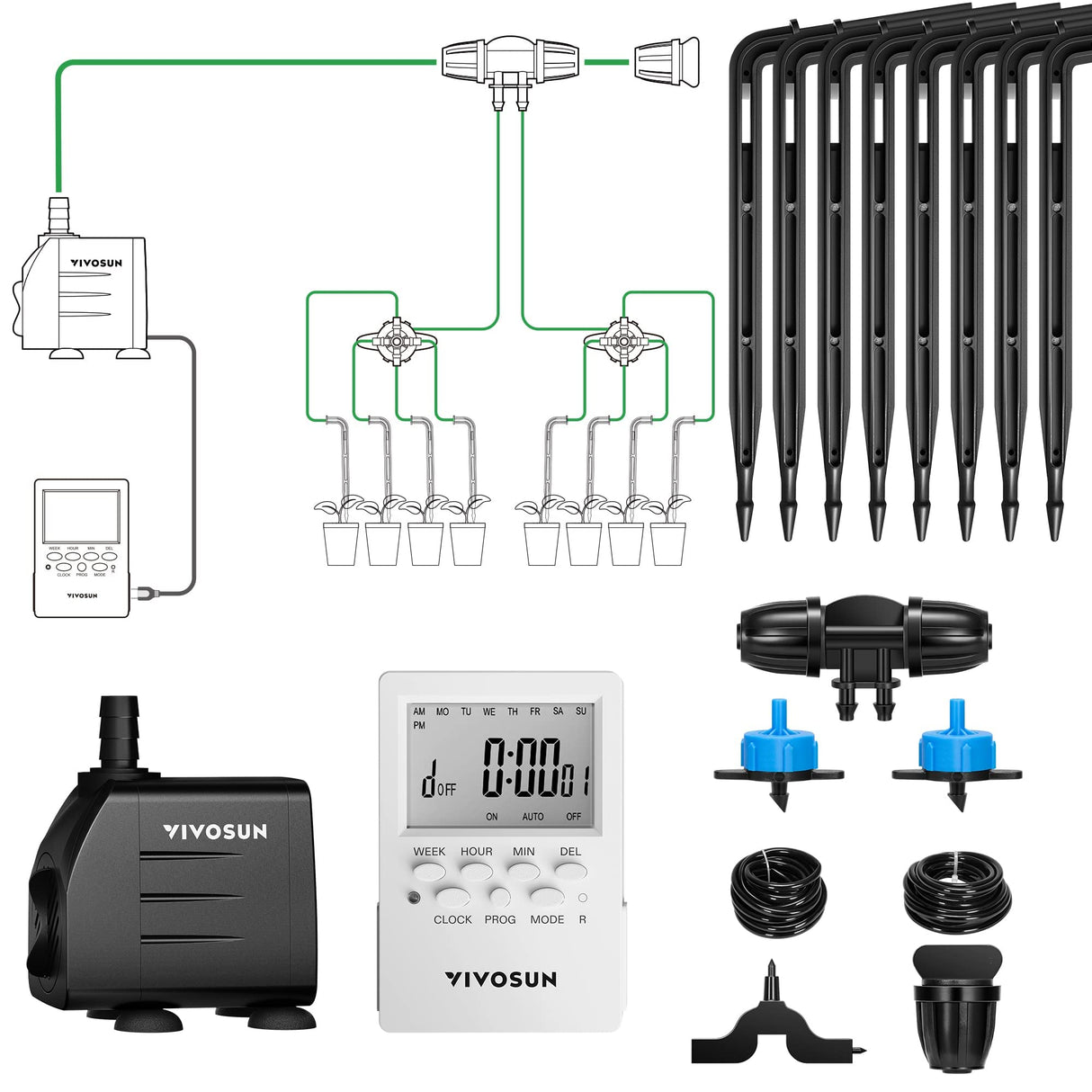 VIVOSUN Professional Automatic Drip Irrigation Kits, 15W Output, All in One Professional Grow Kit- includes Pump, Timer and Regulator, 8 Drip Emitters Garden Plant Watering System Indoor Outdoor