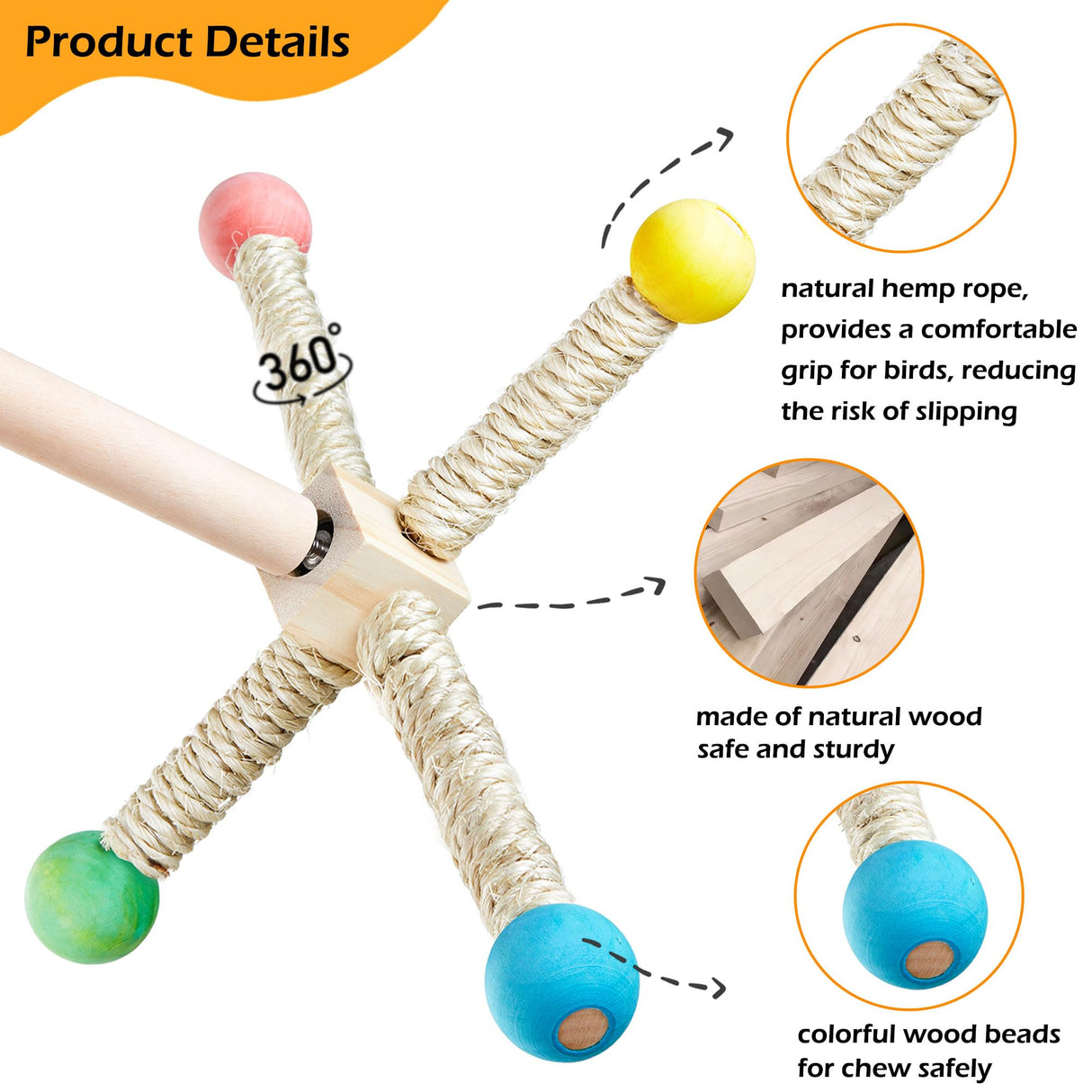 Large Bird Stand Perch Toy for Cage, Interactive Spinning Toys, Wooden Exercise Wheel Quaker Toy, Enrichment Bird Cage Accessories Perch Toys for Medium-Sized Birds Cockatiel Ring-Necked Caique (L)