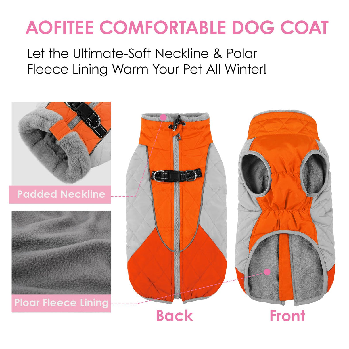 AOFITEE Dog Coat, Dog Winter Jacket, Reflective Dogs Jacket with Harness Built in and Fleece Lined, Waterproof Pet Winter Jacket Puffer Jacket for Small Medium Large Dogs, Orange XL