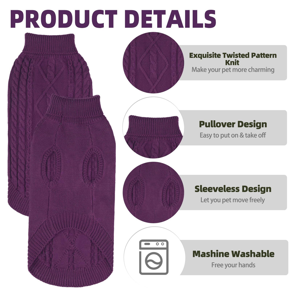 PUPTECK Winter Cat Sweater Coat - Soft Warm Cold Weather Clothes Knitwear for Kittens & Small Dogs Indoor Outdoor Wearing, Knitted Classic for Doggies Kitties Girls Boys, Purple, M