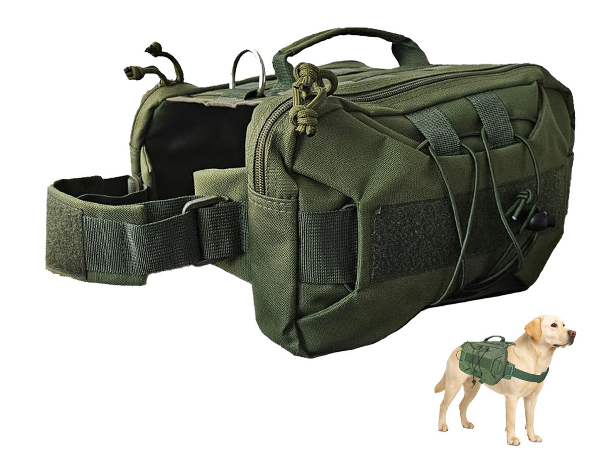 ZEUS URBAN Tactical Dog Backpack Harness – Large, Army Green, 2 Ample Side Pockets | Water Resistant Saddle Bags for Hiking & Camping, Sturdy Vest Fits Medium & Large Dogs