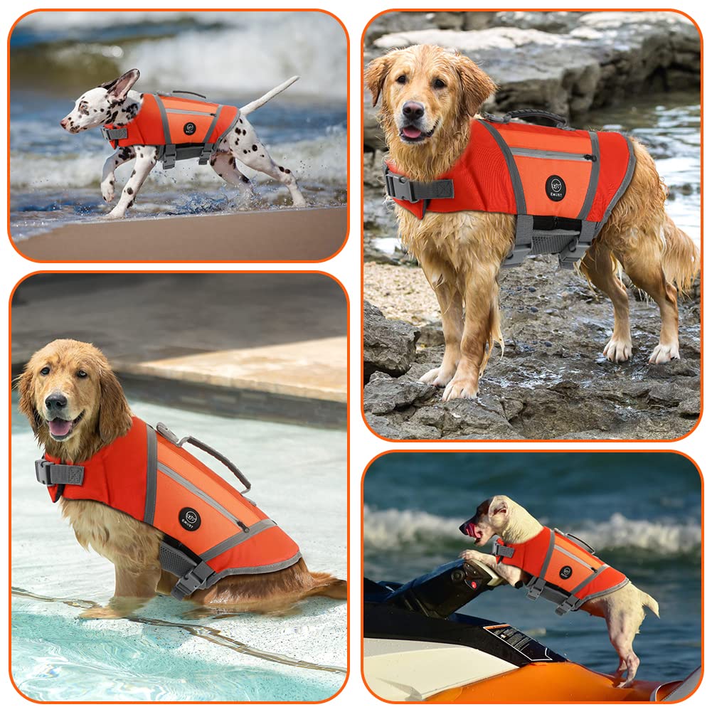 EMUST Dog Life Vests for Swimming, Adjustable Dog Life Jackets for Small Dogs with Hook & Loop, Reflective Dog Swim Vest with Quick-Release Buckles for Bulldogs, Dachshunds, Corgis, Orange, S