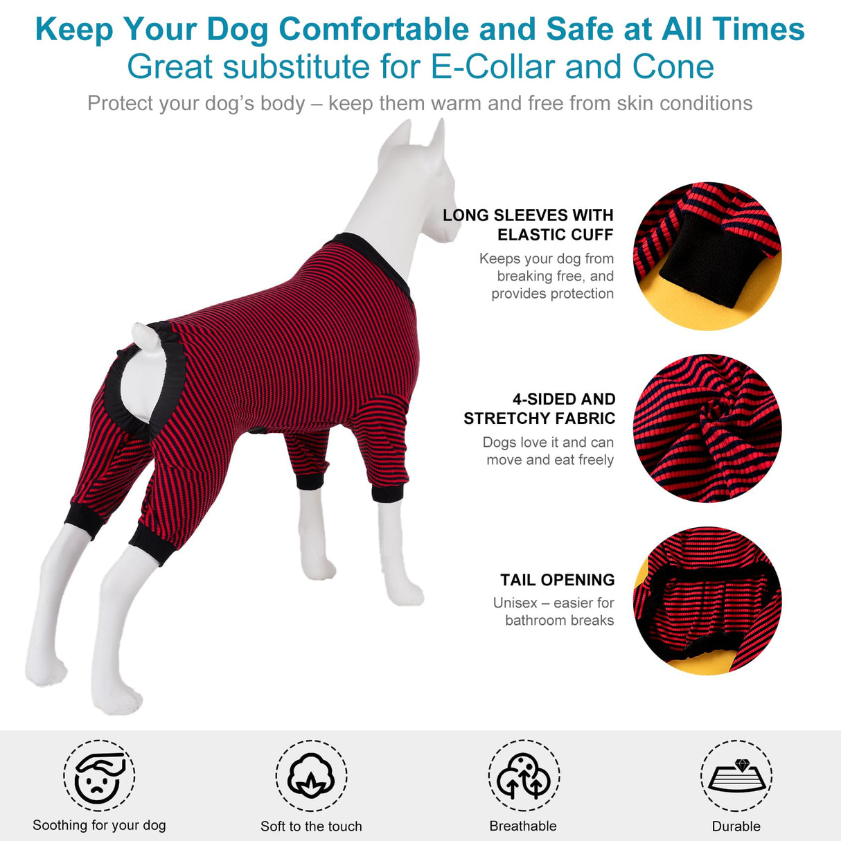 LovinPet Large Dogs PJS Clothes, Pure Cotton Red and Black Stripe Dog Shirt, 4-Legged Design, Full Body Coverage, Pajamas for Pitbulls, Large Breed Dog PJS, Onesies for Dogs,L
