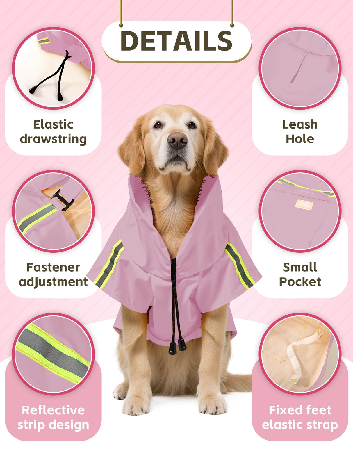 Dog Rain Coat, Waterproof Adjustable Dog Rain Jackets, Reflective Strap Pet Rain Coat with Leash Hole, Hooded Snowproof Windproof Clothes for Small Medium Dog Large