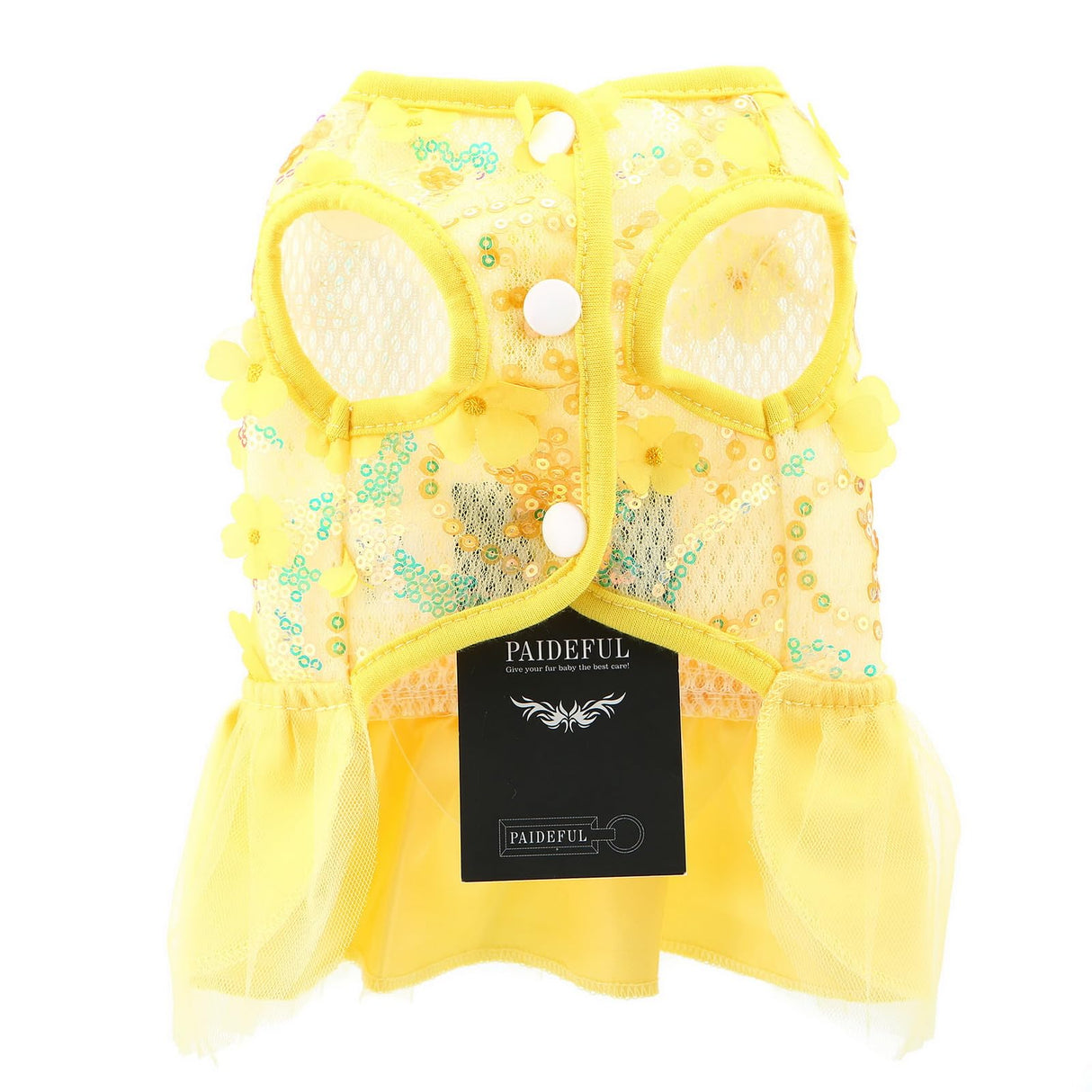 PAIDEFUL Dog Dress,Luxury Bow Princess Tutu Dresses for Girl Dogs Cute Fashion Mesh Pet Skirt with Sequins Flower Cat Puppy Clothes Wedding Party Outfits Chihuahua Apparel Button up D-Ring,Yellow,XL