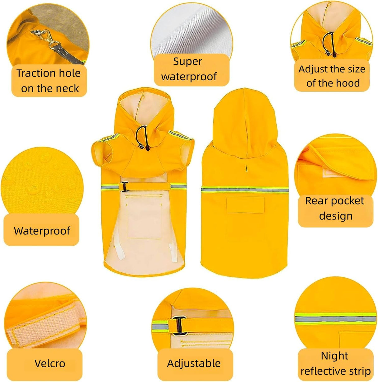 Reflective Strip Dog Raincoat, Ultra - Light Breathable Waterproof Rain Jacket with Hood, Adjustable Sizes for Small/Medium/Large Dogs, (M)