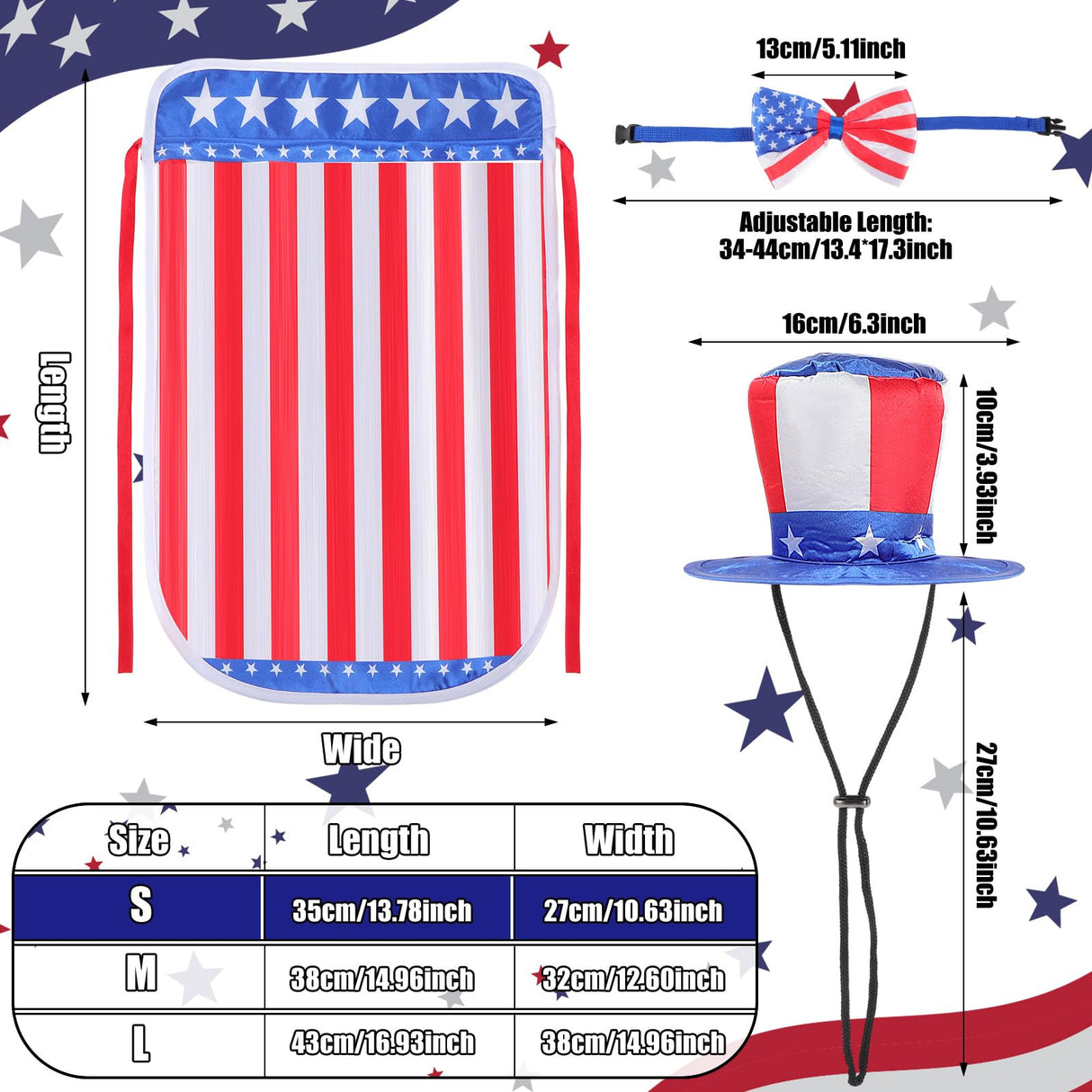 JaGely 3 Pcs 4th of July Dog Outfit Memorial Day Dog Costume Set Includes Top Hat, American Flag Bow Tie Collar and Cape Patriotic Pet Outfit for Dogs Cats Puppy Kitten(S,Classic)