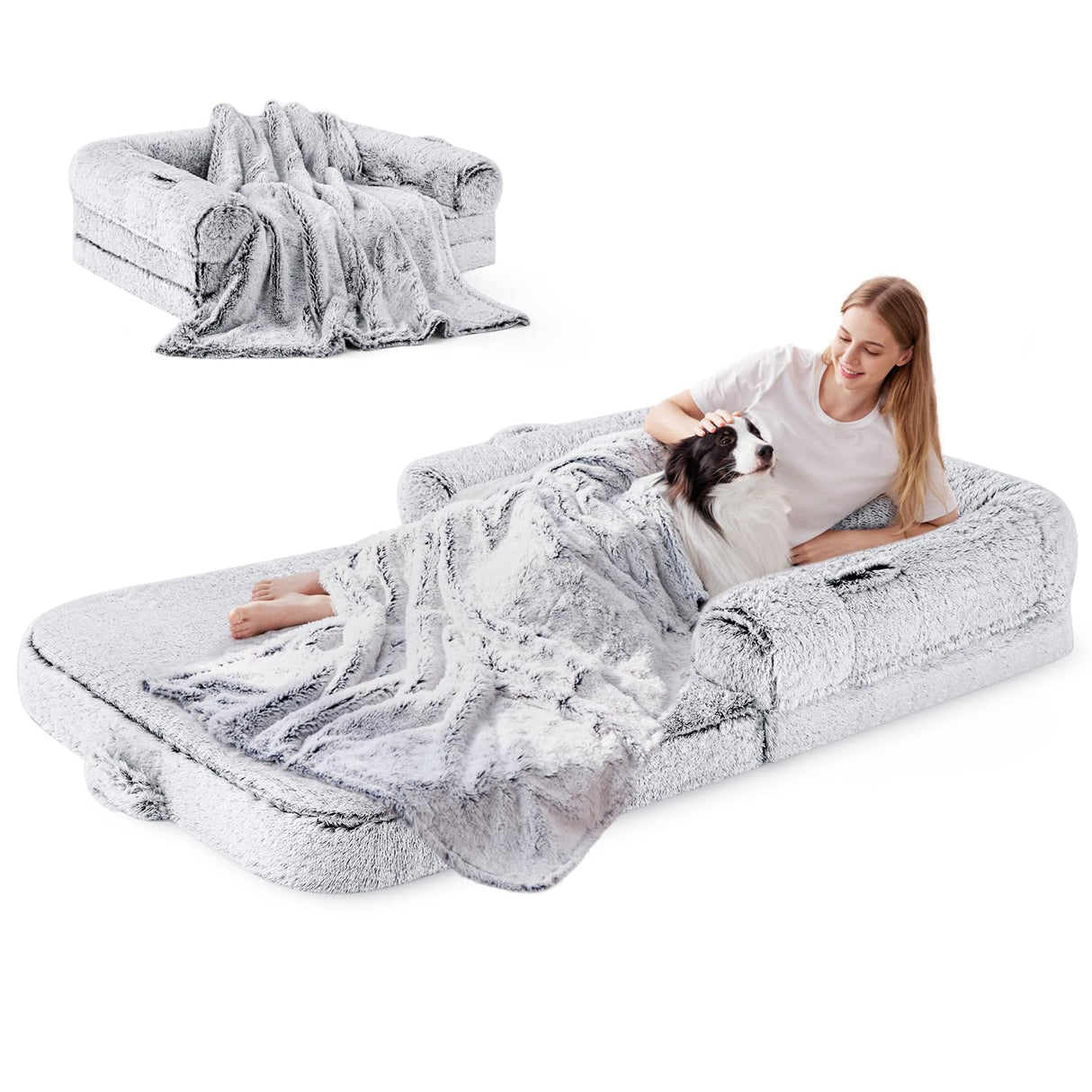 ZOMISIA Human Dog Bed for Adult, 2 in 1 Foldable Giant Dog Bed for People Fits Pet Families, Egg Foam Supportive Mat, Waterproof Liner, Faux Fur Human Size Pet Bed with Blanket, 71"x43"x10", Grey