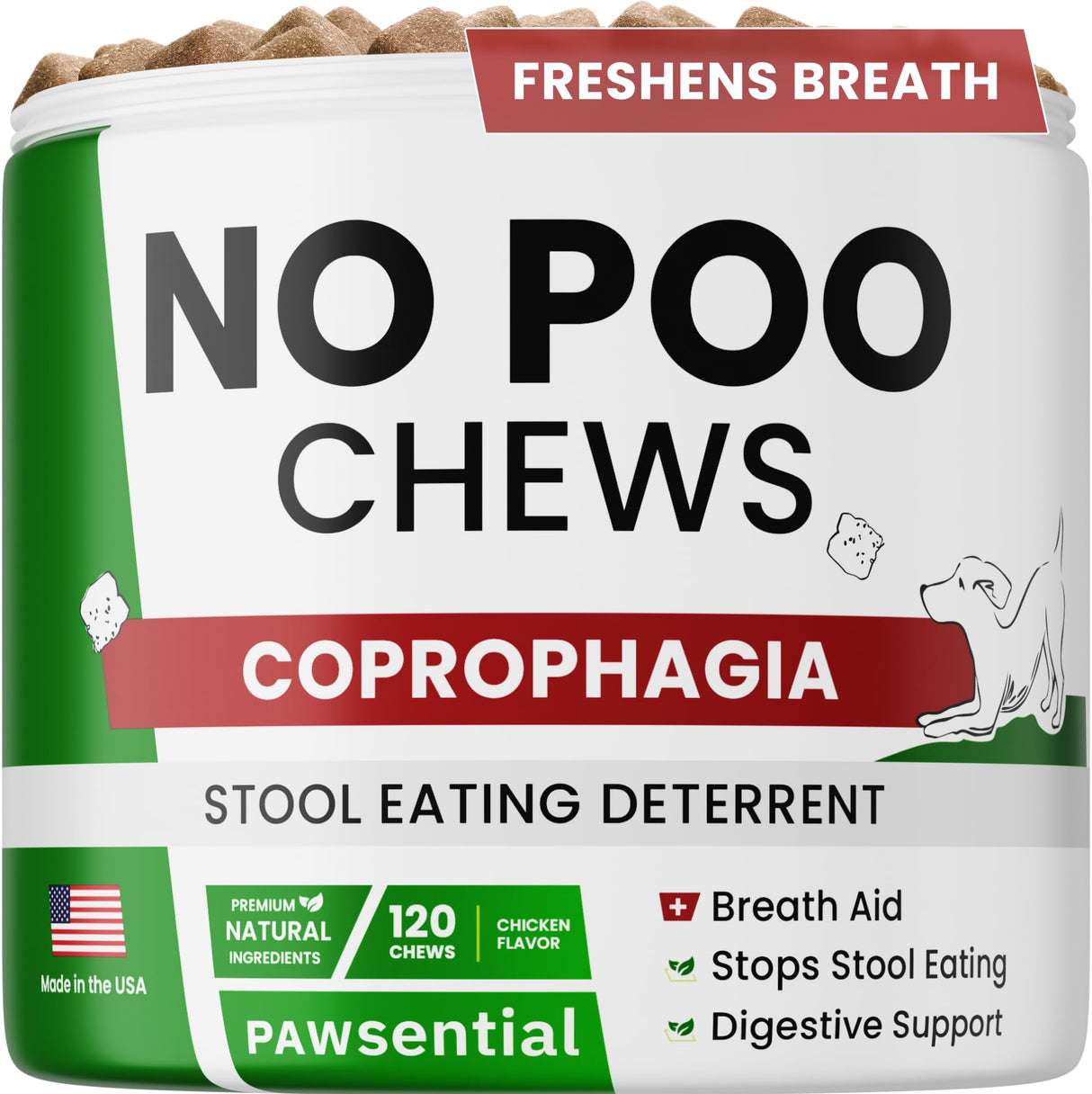 Pawsential NO Poo Chews for Dogs - Prevent Dog Poop Eating - Coprophagia Treatment - Stool Eating Deterrent - Digestive Health + Breath Aid/Probiotics & Enzymes - Made in USA - 120 Treats