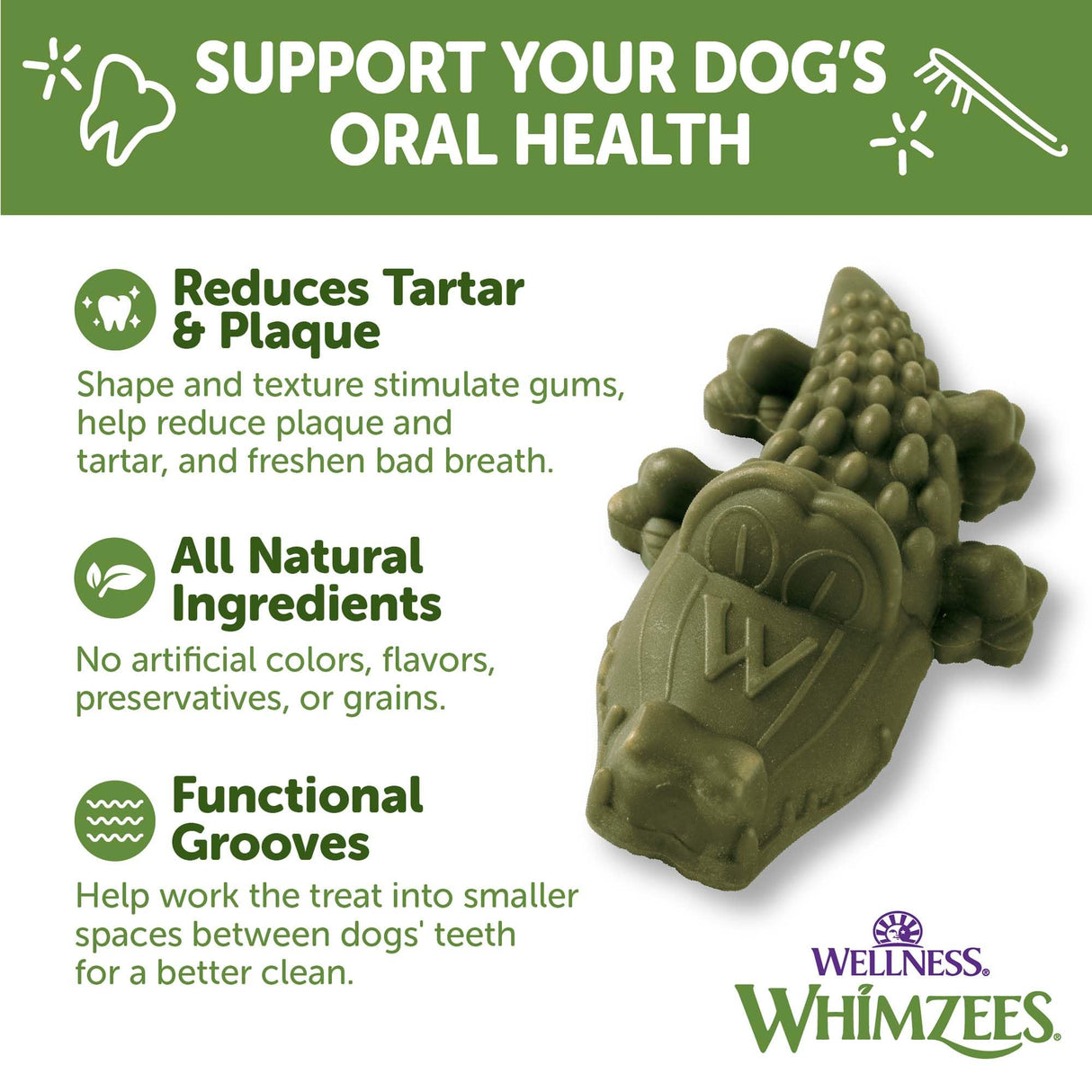WHIMZEES Wellness Alligator Dog Dental Treats, Natural Chews, Small Size, (24 Count)