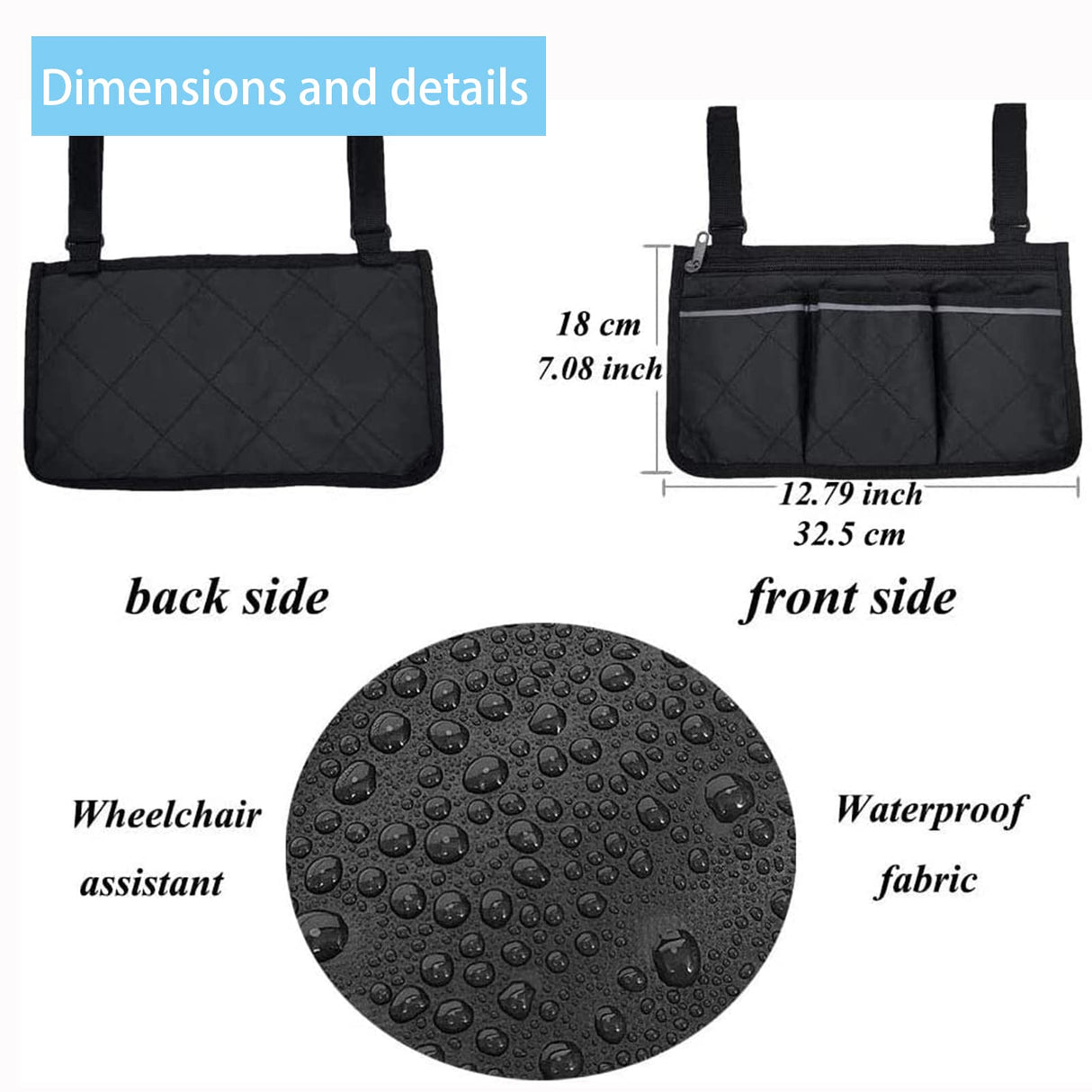 YGYQZ Wheelchair Armrest Accessories, Side Bags to Hang on Side with Bright Line Walker Pouches Waterproof Black Storage Fathers Mothers Day Gifts for Home/Outdoor/Baby Cart (black side)