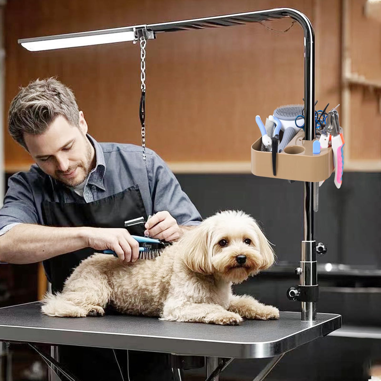 Huioqwe Pet Grooming Organizer for Scissors Brushes and Tools - Rotatable Multi Compartment Grooming Arm Stand